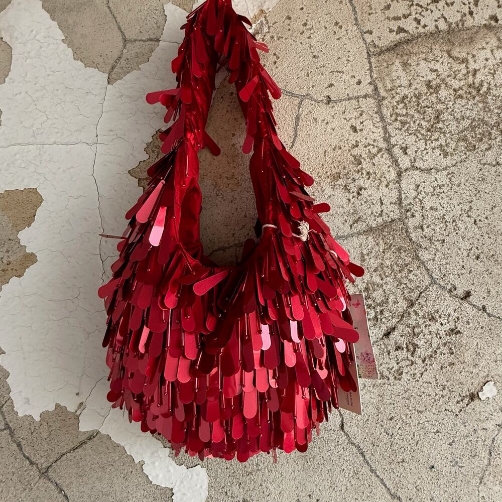 Viral Red Sequin Tassel Shoulder Bag Handmade NWT Statement Holiday Party Purse